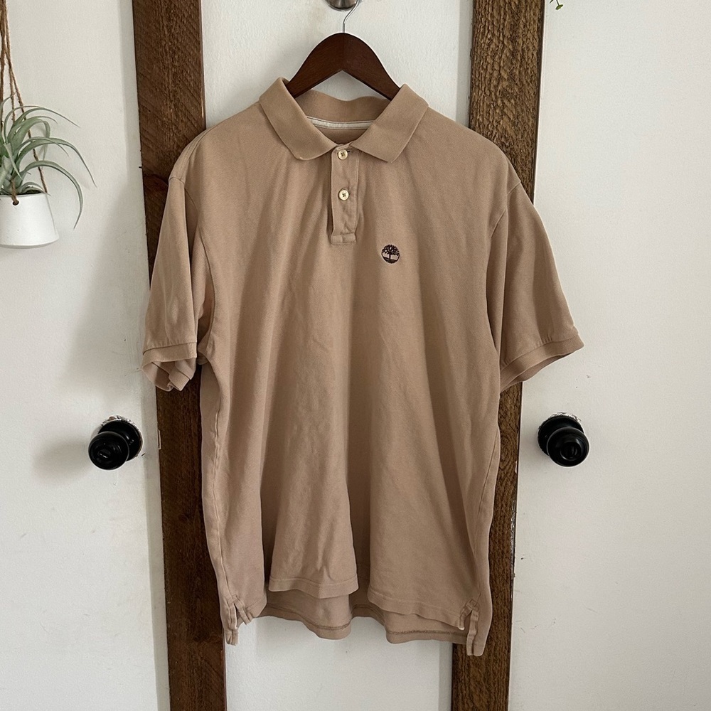 Y2K Timberland Men’s Beige Logo Front Cotton Polo Shirt Size XL cotton organic
